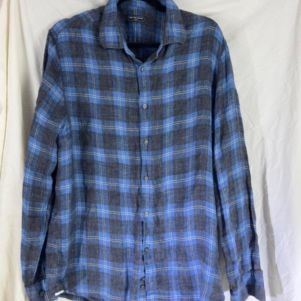 Saks Fifth Ave. Blue and grey plaid button-up shirt #plaidshirt